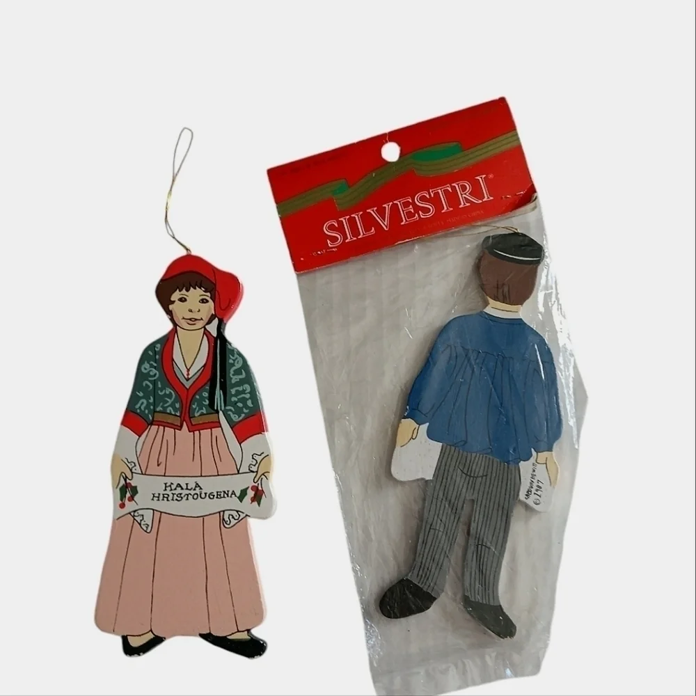 Ornaments Artist Signed Newkirk Painted Wood Kids w Greeting Christmas